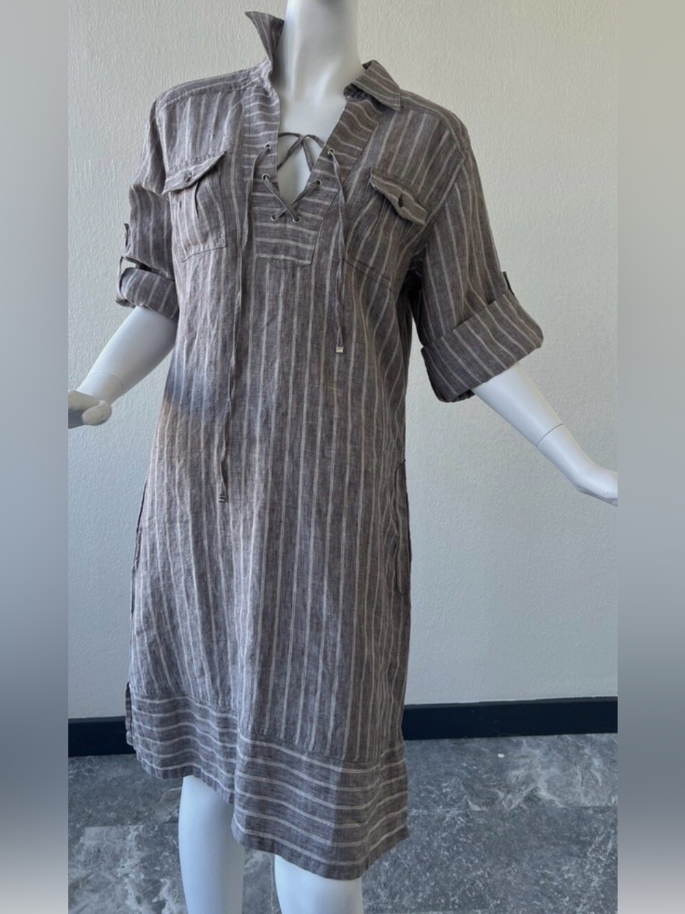 Tommy Bahama Linen Taupe & White Striped Lace-Up Midi Shirt Dress